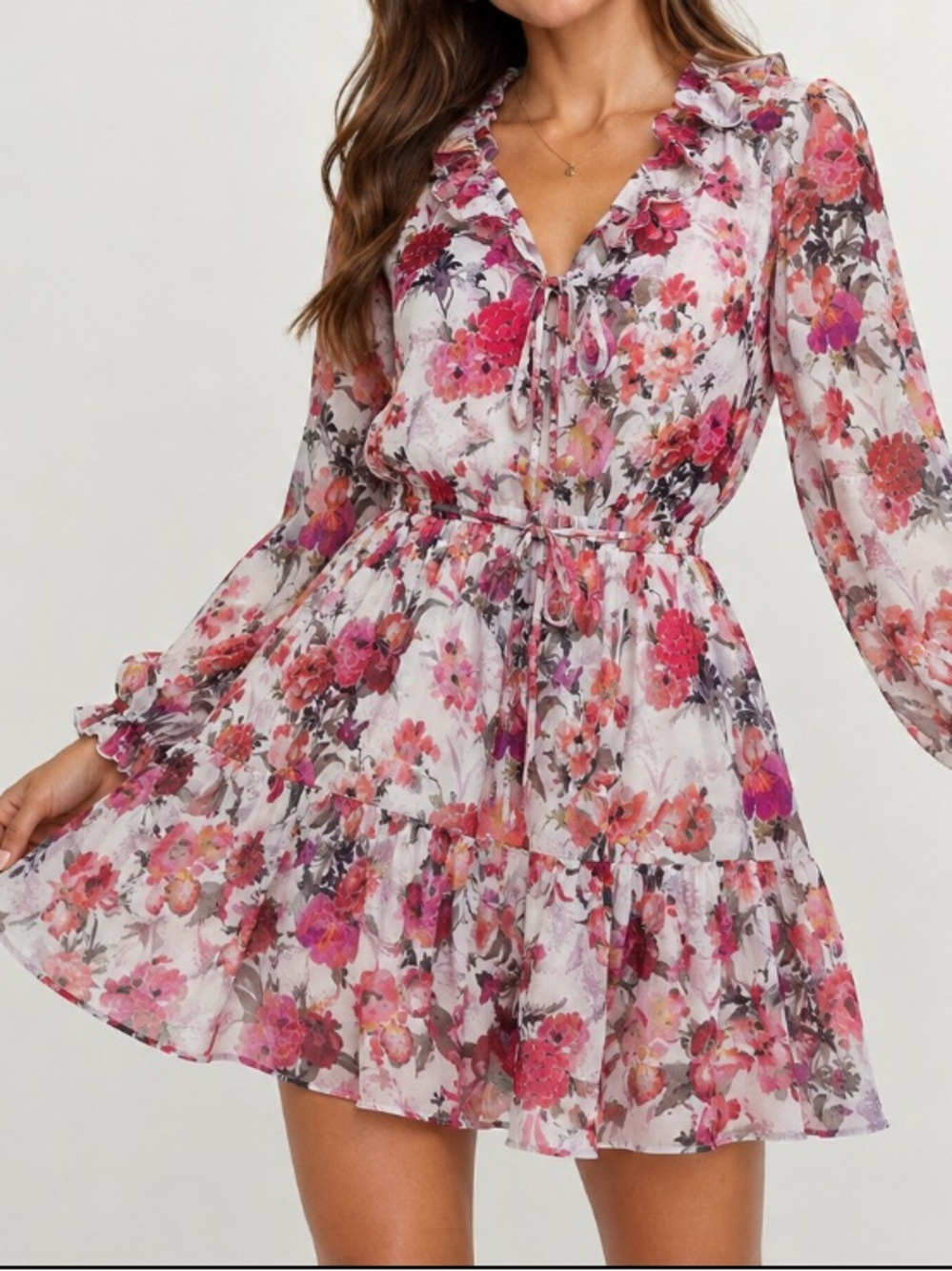 PAIGE Pink Floral Ruffle Tie-Neck Mini Dress
